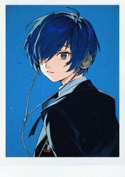 Rule 34 | 1boy, black jacket, black ribbon, blue background, blue eyes, blue hair, border, closed mouth, collared shirt, commentary, earphones, english commentary, favilia, from side, gekkoukan high school uniform, hair over one eye, highres, jacket, looking at viewer, looking to the side, male focus, neck ribbon, persona, persona 3, persona 3 reload, ribbon, school uniform, shirt, short hair, solo, upper body, white border, white shirt, yuuki makoto (persona 3)