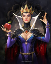 Rule 34 | 1girl, apple, artist name, black cape, black nails, blue dress, breasts, cape, cleavage, closed mouth, crown, disney, dress, english text, fingernails, food, fruit, highres, holding, holding food, holding fruit, jewelry, kim sung hwan, large breasts, light smile, lipstick, long sleeves, makeup, queen grimhilde, realistic, red lips, ring, sharp fingernails, snow white (disney), snow white and the seven dwarfs, wimple