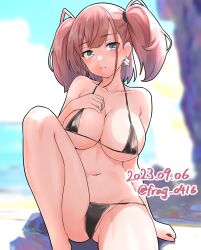 Rule 34 | 1girl, anchor hair ornament, atlanta (kancolle), bikini, black bikini, blue sky, breasts, brown hair, cleavage, cloud, dated, day, earrings, feet out of frame, furaggu (frag 0416), grey eyes, hair ornament, highres, jewelry, kantai collection, large breasts, long hair, micro bikini, navel, one-hour drawing challenge, outdoors, parted lips, sitting, sky, solo, star (symbol), star earrings, swimsuit, twitter username, two side up