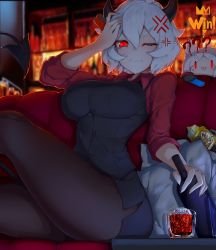 Rule 34 | 2girls, :3, ?, ??, absurdres, ahoge, alcohol, anger vein, animal ears, arm up, black horns, black vest, blurry, blurry background, blush, breasts, cerberus (helltaker), commentary, controller, couch, crown, crown print, demon girl, demon horns, demon tail, dog ears, english text, glass, hair between eyes, hand on own head, helltaker, highres, holding, holding controller, horns, indoors, kamen rider, large breasts, long sleeves, looking at viewer, malina (helltaker), multiple girls, nintendo switch pro controller, one eye closed, pantyhose, pillow, red eyes, red shirt, shirt, short hair, sitting, solo focus, tail, vest, waistcoat, wavy mouth, white hair, wine, zeroblood