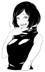 Rule 34 | 1girl, bob cut, breasts, dyun, greyscale, hand to own mouth, jujutsu kaisen, large breasts, looking at viewer, medium hair, monochrome, simple background, sleeveless, sleeveless sweater, smile, solo, sweater, white background, zenin mai