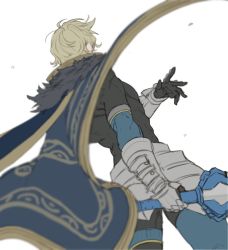 Rule 34 | 1boy, armor, black gloves, blonde hair, cape, dutch angle, excalibur galatine (fate), fate/grand order, fate (series), from behind, gawain (fate), gloves, holding, holding weapon, male focus, muscular, short hair, simple background, skin tight, solo, weapon, white background