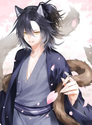 Rule 34 | 1boy, animal ears, black hair, black kimono, bug, butterfly, collarbone, commentary request, fang, fingernails, fox boy, fox ears, fox tail, fur trim, grey hair, holding, insect, japanese clothes, kimono, long sleeves, looking at viewer, male focus, medium hair, multicolored hair, open clothes, original, parted lips, petals, ponytail, sash, sharp fingernails, smile, solo, tail, two-tone hair, waka (shark waka), wide sleeves, yellow eyes