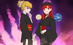 Rule 34 | 2girls, alternate costume, alternate hairstyle, blonde hair, cowboy shot, finger to own chin, flower, from side, hair bun, hair flower, hair ornament, hecatia lapislazuli, japanese clothes, junko (touhou), kimono, lily (flower), looking at viewer, meimaru inuchiyo, moon (ornament), multiple girls, pointy nose, red eyes, red hair, single hair bun, swept bangs, touhou