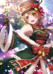 Rule 34 | 10s, 1girl, :d, antlers, bell, bow, brown hair, candy, candy cane, christmas, coat, corsage, flower, food, fur-trimmed coat, fur trim, hat, hat flower, hat ribbon, horns, koizumi hanayo, lma, love live!, love live! school idol festival, love live! school idol project, neck ribbon, off shoulder, open mouth, plaid, purple eyes, red eyes, ribbon, short hair, signature, sleeveless, smile, snowflake print, solo, star (symbol), striped ribbon, swept bangs, wide sleeves
