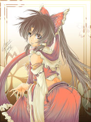 Rule 34 | 1girl, ass, bare shoulders, bow, brown eyes, brown hair, classictime, clothes lift, detached sleeves, eyelashes, female focus, gradient background, hair bow, hakurei reimu, japanese clothes, large bow, long hair, looking back, miko, ponytail, skirt, skirt lift, solo, touhou