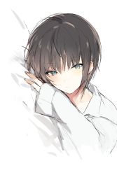 Rule 34 | 1boy, androgynous, bed sheet, black hair, blue eyes, dress shirt, looking at viewer, lpip, lying, male focus, on side, original, parted lips, shirt, simple background, sleeves past wrists, solo, white background