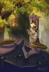 Rule 34 | ..., 1girl, alternate costume, animal ears, blunt bangs, center-flap bangs, commentary, creature, english commentary, flat chest, forest, gradient hair, grey eyes, highres, holocure, hololive, hololive english, long hair, multicolored hair, nature, ninomae ina&#039;nis, orange hair, purple hair, shinoka0419, shirt, short sleeves, sidelocks, signature, spoken ellipsis, straight hair, t-shirt, takodachi (ninomae ina&#039;nis), tentacle hair, very long hair, virtual youtuber, white shirt
