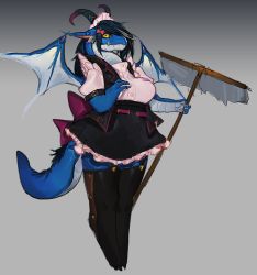 Rule 34 | 1girl, animal ear fluff, animal ears, back bow, black hair, black horns, black skirt, black thighhighs, black vest, blue skin, bow, breast pocket, breasts, broom, buttons, closed mouth, colored skin, curled horns, dragon girl, fang, female focus, frilled skirt, frills, full body, furry, furry female, garter straps, grey skin, hair bow, hands up, holding, holding broom, horns, large breasts, legs together, lizard tail, long hair, looking at viewer, maid headdress, miniskirt, multicolored skin, open clothes, open vest, original, pink shirt, pocket, puffy short sleeves, puffy sleeves, purple bow, red bow, shirt, shirt tucked in, short sleeves, sidelocks, skirt, solo, spiked wings, standing, tail, thighhighs, two-tone skin, uyu (soda uyu), vest, white wings, wings, yellow eyes