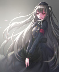 Rule 34 | 1girl, apron, armband, black apron, black dress, black hat, blush, collared dress, commentary request, cowboy shot, cross, crying, crying with eyes open, dress, grey background, grey hair, hat, highres, indie virtual youtuber, long hair, long sleeves, looking at viewer, minai karte, nurse cap, open mouth, red eyes, smile, solo, tears, two side up, very long hair, virtual youtuber, yeklsa