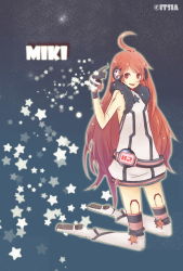 Rule 34 | 1girl, ahoge, android, belt, boots, dress, female focus, full body, gloves, gradient background, headphones, itsia, joints, kneehighs, kneeling, long hair, red eyes, red hair, robot joints, sf-a2 miki, smile, socks, solo, star (symbol), striped clothes, striped gloves, striped socks, striped thighhighs, thighhighs, very long hair, vocaloid, wrist cuffs