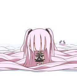 Rule 34 | 2girls, absurdly long hair, black dress, brown eyes, chibi, commentary request, dress, garter straps, hair over eyes, hair over mouth, hololive, houshou marine, long hair, multiple girls, pink hair, pleated skirt, purin a la mode (popup), skirt, thighhighs, two side up, uruha rushia, uruha rushia (3rd costume), very long hair, virtual youtuber, wrist cuffs