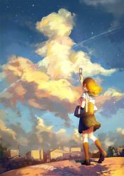 Rule 34 | 1girl, achyue, arm up, bag, brown hair, building, camera phone, cellphone, cloud, contrail, from behind, full body, highres, holding, holding phone, house, kneehighs, light particles, long hair, original, outdoors, phone, pleated skirt, scenery, school bag, school uniform, serafuku, shoes, short sleeves, skirt, sky, socks, solo, sparkle, standing, star (sky), town, twilight, walking, wide shot, wind
