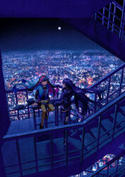 Rule 34 | 2girls, city, cityscape, from above, highres, moon, multicolored hair, multiple girls, night, potg (piotegu), stairs