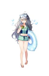 Rule 34 | 1girl, absurdres, ahoge, bubble, coconut, duino, flower, g11 (girls&#039; frontline), girls&#039; frontline, goggles, goggles on head, highres, long hair, looking at viewer, messy hair, sandals, short shorts, shorts, snorkel