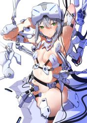Rule 34 | 1girl, armor, armpits, blush, breasts, green eyes, grey hair, head-mounted display, looking at viewer, mecha musume, navel, original, presenting armpit, ringobatake, short hair, simple background, small breasts, solo, stomach, sweat, white background