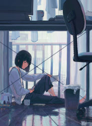 Rule 34 | 1girl, artist name, bag, balcony, black hair, blue legwear, blunt bangs, bob cut, book, bottle, building, cellphone, chair, city, clothesline, coffee mug, commentary, computer, cup, dated, drawing tablet, electric kettle, highres, holding, holding book, holding phone, hood, hoodie, kettle, looking at phone, monitor, mouse (computer), mug, office chair, on floor, original, panties, phone, plastic bag, power strip, railing, rain, reflection, shirt, short hair, signature, sitting, smartphone, solo, swivel chair, trash can, underwear, white hoodie, wooden floor, yakikoke