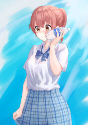 Rule 34 | 1girl, absurdres, blue bow, blue skirt, blush, bottle, bottle to cheek, bow, breasts, brown eyes, brown hair, closed mouth, collared shirt, commentary request, dress shirt, hair between eyes, hand up, highres, holding, holding bottle, koe no katachi, mimi (mimi ganbaruzo), nishimiya shouko, pleated skirt, ponytail, school uniform, shirt, short sleeves, skirt, small breasts, smile, solo, white shirt