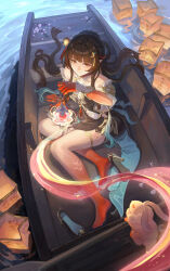 1girl absurdres barefoot boat brown_hair closed_mouth colored_extremities commentary dress flower from_above full_body hair_ornament halter_dress halterneck high_heels highres honkai:_star_rail honkai_(series) lantern lingsha_(honkai:_star_rail) long_hair on_boat paper_lantern pointy_ears red_eyes red_feet red_hands sitting smile solo tassel tassel_hair_ornament unworn_footwear very_long_hair water watercraft wo_de_huihua_bu