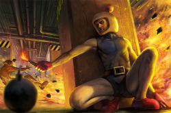 Rule 34 | 2boys, belt, bomb, bomberman, clenched teeth, epic, explosion, explosive, fire, gloves, helmet, hiding, indoors, industrial pipe, lighter, male focus, multiple boys, noba, pillar, realistic, serious, shoes, skin tight, squatting, teeth, white bomberman