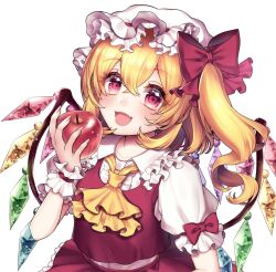 Rule 34 | 1girl, apple, ascot, blonde hair, blush, collared shirt, crystal, fang, fingernails, flandre scarlet, food, frilled shirt collar, frilled sleeves, frills, fruit, hair between eyes, hat, highres, holding, holding food, holding fruit, long hair, looking at viewer, mob cap, momoyama riyo, one side up, open mouth, red eyes, red skirt, red vest, shirt, short sleeves, simple background, skirt, smile, solo, touhou, upper body, vest, white background, white hat, white shirt, wings, yellow ascot