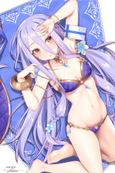 Rule 34 | 1girl, absurdres, arm up, armband, armpits, aurora (sennen sensou aigis), bare legs, bikini, blue bikini, blush, bracelet, breasts, brown eyes, chestnut mouth, commentary, dated, flower, from above, full body, gem, gold trim, hair between eyes, hair flower, hair ornament, hand on own forehead, hattori masaki, highres, jewelry, light purple hair, long hair, looking at viewer, low twintails, lying, navel, on back, parted bangs, purple bikini, rug, sennen sensou aigis, sidelocks, signature, skindentation, small breasts, solo, stomach, swimsuit, symbol-only commentary, thighs, twintails, very long hair, white background