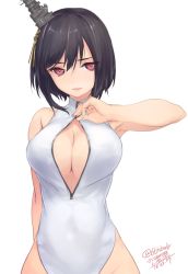 Rule 34 | 10s, 1girl, alternate costume, black hair, blush, breasts, cleavage, cleavage cutout, clothing cutout, curvy, female focus, front zipper swimsuit, hair ornament, kantai collection, large breasts, meme attire, one-piece swimsuit, red eyes, rokuwata tomoe, short hair, signature, simple background, solo, swimsuit, white background, wide hips, yamashiro (kancolle), zipper