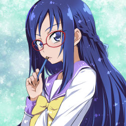 Rule 34 | 1girl, blue eyes, blue hair, blush, commentary request, dokidoki! precure, glasses, hishikawa rikka, holding, holding pencil, long hair, long sleeves, looking at viewer, nakahira guy, oogai daiichi middle school uniform, pencil, precure, purple sailor collar, red-framed eyewear, sailor collar, school uniform, solo, upper body