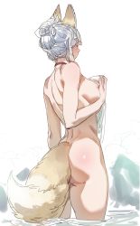 Rule 34 | 1girl, animal ears, ass, back, bow (bhp), breasts, choker, covering privates, fox ears, fox girl, fox tail, from behind, large breasts, long hair, nude, nude cover, onsen, original, sideboob, sidelocks, silver hair, solo, steam, tail, towel, wading, water, wet