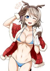 Rule 34 | 10s, 1girl, antlers, bad id, bad twitter id, bikini, blue eyes, blush, breasts, brown hair, capelet, cleavage, coat, collarbone, commentary request, covered erect nipples, fur trim, gloves, gluteal fold, hair ribbon, horns, jacket, large breasts, looking at viewer, love live!, love live! sunshine!!, micro bikini, navel, one eye closed, open clothes, open jacket, open mouth, reindeer antlers, ribbon, sack, salute, short hair, simple background, smile, solo, standing, suzume miku, swimsuit, teeth, thigh gap, twitter username, watanabe you, white background