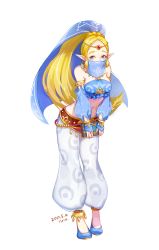 Rule 34 | 1girl, alternate costume, anklet, blonde hair, blush, breasts, covered mouth, dated, earrings, full body, gerudo set (zelda), green eyes, harem outfit, harem pants, highres, jewelry, long hair, looking at viewer, midriff, mouth veil, navel, nintendo, pants, pointy ears, ponytail, princess zelda, ruru (lulubuu), see-through, simple background, solo, standing, stomach, the legend of zelda, the legend of zelda: breath of the wild, veil, white background
