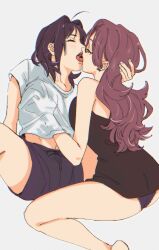Rule 34 | 2girls, ass, black hair, black panties, blush, breast press, breasts, brown hair, closed eyes, couple, earrings, french kiss, grabbing, grabbing another&#039;s breast, groping, groping motion, hand under clothes, highres, jewelry, kiss, large breasts, long hair, molestation, mori chizuru, multiple girls, open mouth, osg pk, panties, police and lady, shirt, short hair, simple background, spread legs, teeth, tongue, tongue out, torikai emma, underwear, white background, yuri