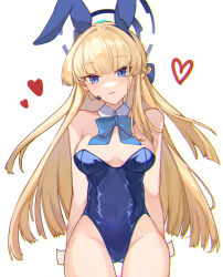 Rule 34 | 1girl, absurdres, animal ears, blonde hair, blue archive, blue eyes, blue halo, blue leotard, blue ribbon, blunt bangs, braid, breasts, closed mouth, commentary, cowboy shot, detached collar, ear piercing, fake animal ears, french braid, halo, heart, highleg, highleg leotard, highres, leotard, long hair, looking at viewer, medium breasts, neck ribbon, official alternate costume, piercing, playboy bunny, rabbit ears, ribbon, simple background, solo, straight-on, strapless, strapless leotard, toki (blue archive), toki (bunny) (blue archive), white background, yume-dream