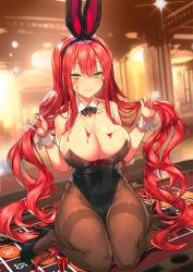 1girl, :&gt;, alcohol, animal ears, bangs, bare shoulders, black bow, black footwear, black hairband, black legwear, black leotard, black neckwear, blush, bow, bowtie, breasts, casino, cleavage, closed mouth, collarbone, commentary, commentary request, covered navel, cup, detached collar, diffraction spikes, drinking glass, dutch angle, eyebrows visible through hair, fake animal ears, hair between eyes, hairband, high heels, highres, holding, holding cup, holding hair, indoors, kinos (kw00789), large breasts, leotard, light, long hair, looking at viewer, on table, original, pillar, playboy bunny, red bow, red hair, roulette table, sitting, smile, solo, table, very long hair, wariza, wine, wine glass, wrist cuffs, yellow eyes