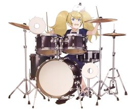 Rule 34 | 1girl, akira (kadokawa), blonde hair, blue eyes, d:, drum, drum set, drumsticks, enemy lifebuoy (kancolle), formal, full body, gambier bay (kancolle), hat, instrument, kantai collection, music, necktie, official art, open mouth, playing instrument, skirt, solo, suit, transparent background, twintails