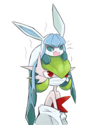 Rule 34 | blue eyes, blue fur, colored skin, creatures (company), dmt (auburn), fang, fever, game freak, gardevoir, gen 3 pokemon, gen 4 pokemon, glaceon, mask, mega gardevoir, mega pokemon, mouth mask, nintendo, on head, open mouth, pokemon, pokemon (creature), pokemon on head, red eyes, sick, simple background, white background, white skin