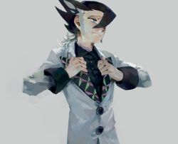 Rule 34 | 1boy, alternate costume, black hair, black shirt, blue eyes, buttons, closed mouth, collared shirt, commentary request, creatures (company), game freak, grey background, grey hair, grimsley (pokemon), gyakumushi, half-closed eyes, hands up, jacket, long sleeves, male focus, medium hair, nintendo, pokemon, pokemon sm, shirt, simple background, smile, solo, spiked hair, upper body, white jacket