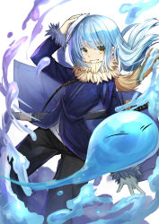 Rule 34 | 2others, androgynous, blue hair, dual persona, fur, fur-trimmed sleeves, fur collar, fur trim, hair between eyes, highres, jacket, katana, long hair, long sleeves, looking at viewer, mask, multiple others, open mouth, rimuru tempest, scarf, sheath, sheathed, slime (creature), slime (substance), smile, sword, tensei shitara slime datta ken, tsuseki, very long hair, water, weapon, white background, yellow eyes