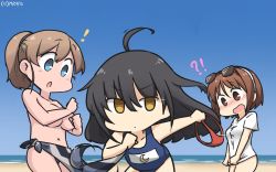 Rule 34 | 3girls, ahoge, beach, bikini, black hair, blue eyes, blue one-piece swimsuit, blue sky, breasts, brown eyes, brown hair, clothes pull, clothes theft, clothes writing, commentary request, cowboy shot, crescent, dated, day, eyewear on head, hairband, hamu koutarou, highres, intrepid (kancolle), kantai collection, large breasts, long hair, mikazuki (kancolle), multicolored bikini, multicolored clothes, multiple girls, name tag, natori (kancolle), one-hour drawing challenge, one-piece swimsuit, outdoors, ponytail, sarong, school swimsuit, shirt, short hair, sky, sparkle, swimsuit, t-shirt, theft, topless, white hairband, x navel