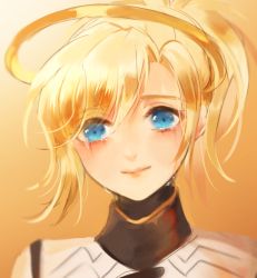 Rule 34 | 1girl, blonde hair, blue eyes, closed mouth, commentary request, crying, crying with eyes open, halo, highres, kaoruru (sakuno2911), looking at viewer, mercy (overwatch), orange background, overwatch, overwatch 1, ponytail, portrait, smile, solo, tears