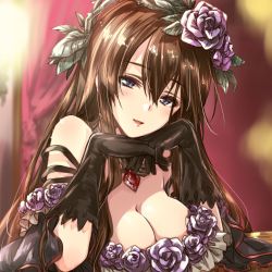 Rule 34 | 1girl, black dress, black gloves, blue eyes, blurry, blurry background, breasts, brooch, brown hair, cleavage, commentary, depth of field, dress, flower, gloves, granblue fantasy, head tilt, head wreath, highres, interlocked fingers, jewelry, kuroi mimei, large breasts, long hair, looking at viewer, open mouth, own hands together, purple flower, purple rose, rose, rosetta (granblue fantasy), smile, solo, textless version