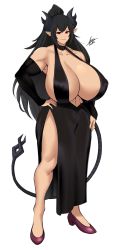 Rule 34 | 1girl, abs, absurdres, airisubaka, artist name, black dress, black hair, black horns, black skirt, black tail, borrowed character, breasts, cassandra asmolith (cass sakyubasu), cleavage, commission, demon girl, demon tail, dress, earrings, full body, gigantic breasts, gold earrings, hand on own hip, highres, horns, huge breasts, jewelry, long hair, original, pointy ears, ponytail, red eyes, shirt, sideboob, signature, skirt, smile, solo, standing, tail, thighs, white background, white shirt