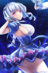 Rule 34 | 1girl, :o, amano kusatsu, ass, azur lane, black footwear, blue background, blue dress, blunt bangs, breasts, center frills, clothing cutout, collared dress, dido (azur lane), dido (muse) (azur lane), dress, drill hair, drill ponytail, facing to the side, foot up, framed breasts, frills, gloves, hand on headphones, highres, idol, large breasts, long hair, looking at viewer, looking back, maid headdress, microphone, open mouth, outstretched arm, outstretched hand, plaid, purple eyes, short sleeves, side ponytail, sideboob, sidelocks, solo, thighs, underboob, underboob cutout, white gloves, white hair