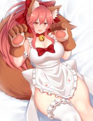 Rule 34 | 1girl, animal ear fluff, animal ears, animal hands, apron, arind yudha, bell, bow, breasts, cat hair ornament, cat paws, collar, fate/grand order, fate (series), fox ears, fox girl, fox tail, gloves, hair bow, hair ornament, highres, jingle bell, large breasts, leotard, long hair, lying, naked apron, neck bell, on back, orange eyes, paw gloves, pink hair, ponytail, red bow, single thighhigh, solo, tail, tamamo (fate), tamamo cat (fate), tamamo cat (third ascension) (fate), thighhighs, white apron, white leotard, white thighhighs
