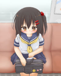 Rule 34 | 1girl, bag, black hair, blue sailor collar, blue skirt, blush, brown eyes, closed mouth, commentary request, feet out of frame, hair between eyes, hair bobbles, hair ornament, hairclip, highres, lifting own clothes, looking at viewer, neckerchief, one side up, original, panties, photoshop (medium), pleated skirt, ri-net, ribbon-trimmed panties, sailor collar, school bag, school uniform, serafuku, shirt, short sleeves, signature, sitting, skirt, solo, train interior, underwear, white panties, white shirt, yellow neckerchief