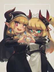 Rule 34 | + +, 2girls, :d, blonde hair, blunt bangs, borrowed character, commentary, crystal earrings, earrings, english commentary, freckles, glasses, green eyes, habit, hand on another&#039;s waist, heart, heart hands, heart hands duo, highres, horns, jewelry, long hair, long sleeves, looking at viewer, maid, maid headdress, multiple girls, nun, open mouth, original, pointy ears, porforever, red-framed eyewear, red eyes, semi-rimless eyewear, simple background, smile, two side up, under-rim eyewear