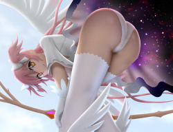 Rule 34 | 10s, 1girl, ass, bow, bow (weapon), dress, gloves, hair bow, hair ribbon, kaname madoka, long hair, magical girl, mahou shoujo madoka magica, mahou shoujo madoka magica (anime), panties, pink hair, ribbon, siraha, smile, solo, space, spoilers, thighhighs, twintails, two side up, ultimate madoka, underwear, weapon, yellow eyes