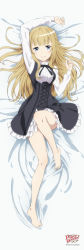 Rule 34 | 1girl, absurdres, arm up, barefoot, black dress, black ribbon, blonde hair, blue eyes, copyright name, dakimakura (medium), dress, feet, frilled dress, frills, from above, full body, highres, long hair, looking at viewer, lying, neck ribbon, official art, on back, pinafore dress, princess (princess principal), princess principal, ribbon, shirt, sleeveless dress, smile, solo, toes, very long hair, white shirt