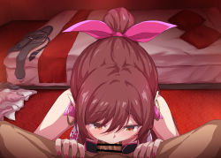 Rule 34 | 1boy, 1girl, bar censor, bare shoulders, bed, bedroom, black choker, blush, breasts, censored, choker, cleavage, collarbone, earrings, erection, fellatio, hair ribbon, half-closed eyes, hetero, high ponytail, hoop earrings, idolmaster, idolmaster shiny colors, indoors, jewelry, kneeling, large penis, long hair, looking down, marugoshi (54burger), medium breasts, nail polish, official alternate costume, official alternate hairstyle, open mouth, oral, osaki amana, penis, pov, pov crotch, race queen, red hair, ribbon, solo focus, swept bangs, veins, veiny penis, yellow eyes