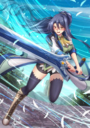 Rule 34 | 1girl, absurdly long hair, adsouto, blue hair, boots, breasts, cost, cross-laced footwear, eiyuu densetsu, falcom, greatsword, highres, holding, holding sword, holding weapon, lace-up boots, laura s. arseid, long hair, looking at viewer, ponytail, ribbon, sen no kiseki, sword, thighhighs, thighhighs under boots, very long hair, weapon, yellow eyes